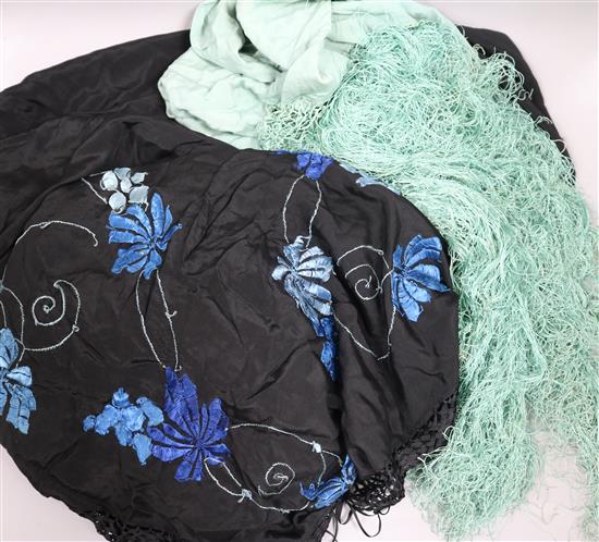 A 1920s blue on black silk embroidered shawl and a plain green shawl (2)